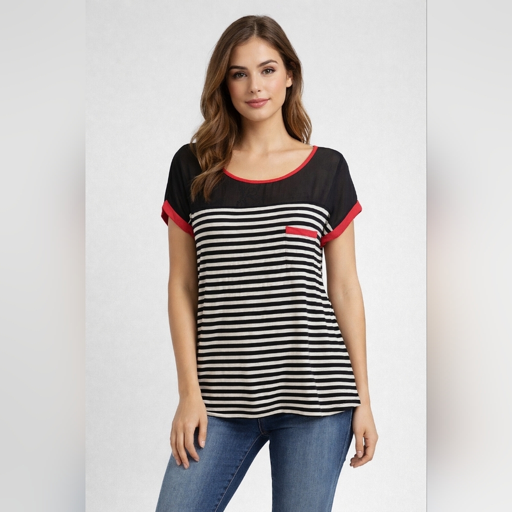 #712 Agaci striped sheer band red, black and tan top sz L
